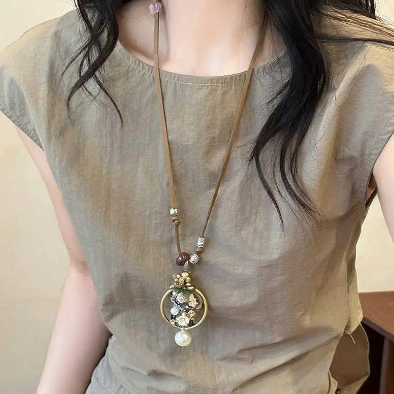 Boho Wooden Beaded Long Pendant Sweater Chain Necklace – Handmade Ethnic Style