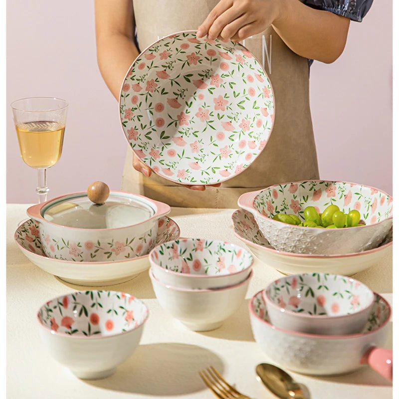 Korean Ceramic Bowl with Lid | Floral Glazed Rice & Soup Bowl