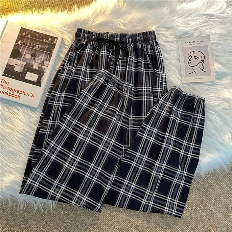 Pants Women New Bunch of Feet Fashion Loose Black Plaid Summer Harajuku Students Streetwear Harem Long Trousers Womens Chic