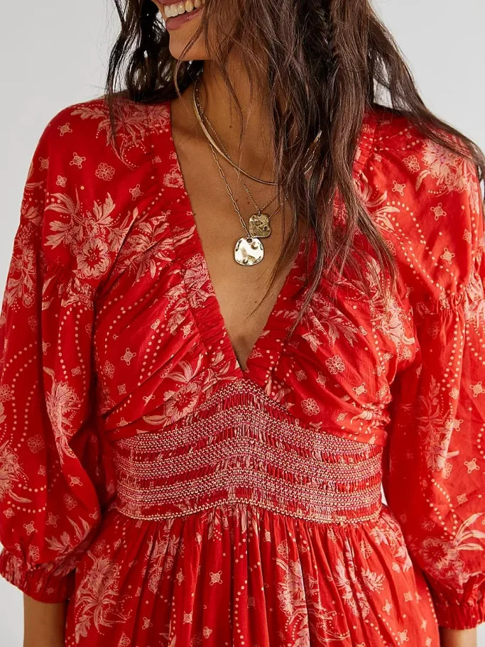 Floral Boho Midi Dress | V-Neck Puff Sleeve Hollow-Out