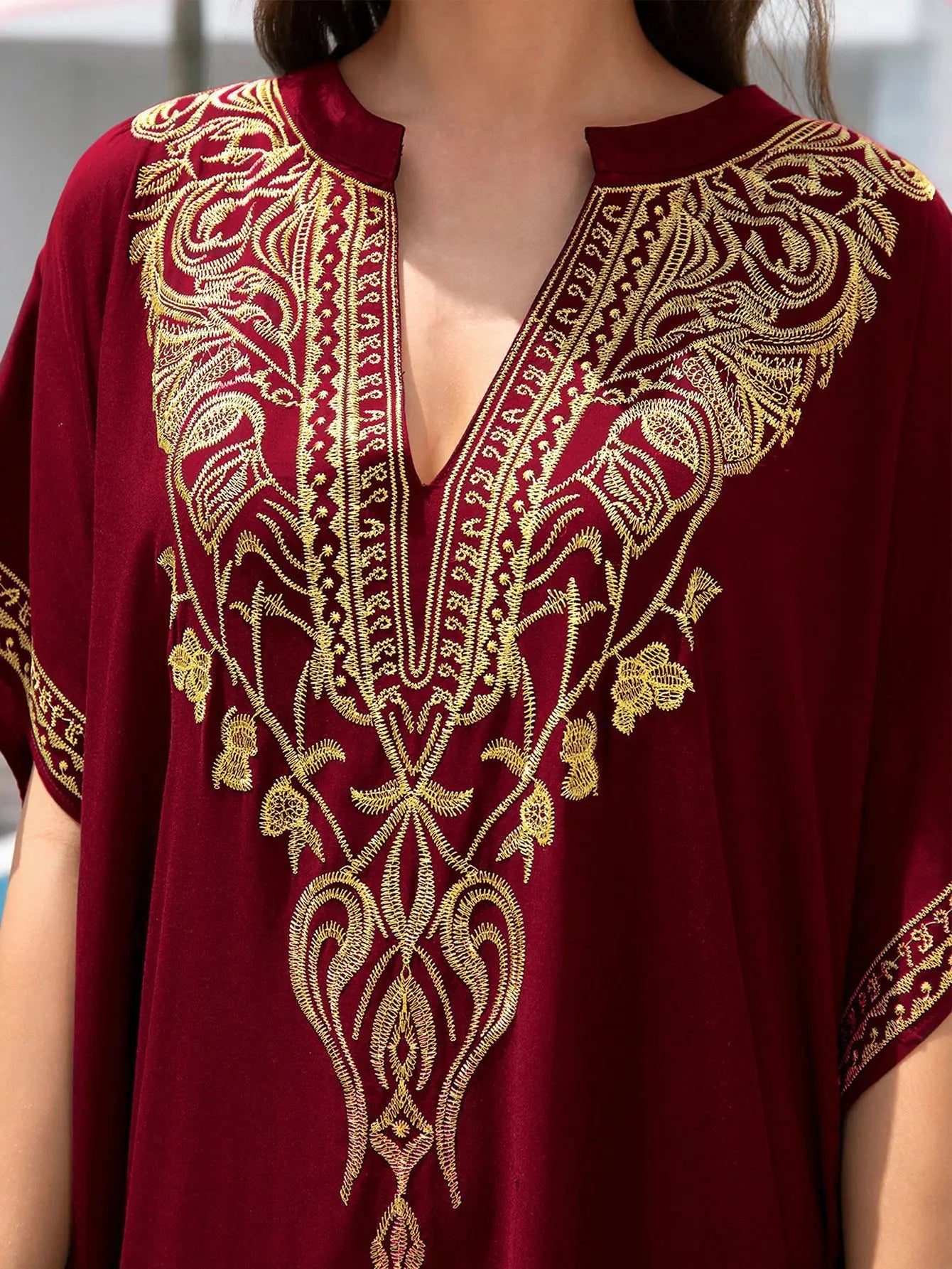 Boho Embroidered Batwing Sleeve Beach Cover-Up Dress – Loose A-Line V-Neck Summer Dress