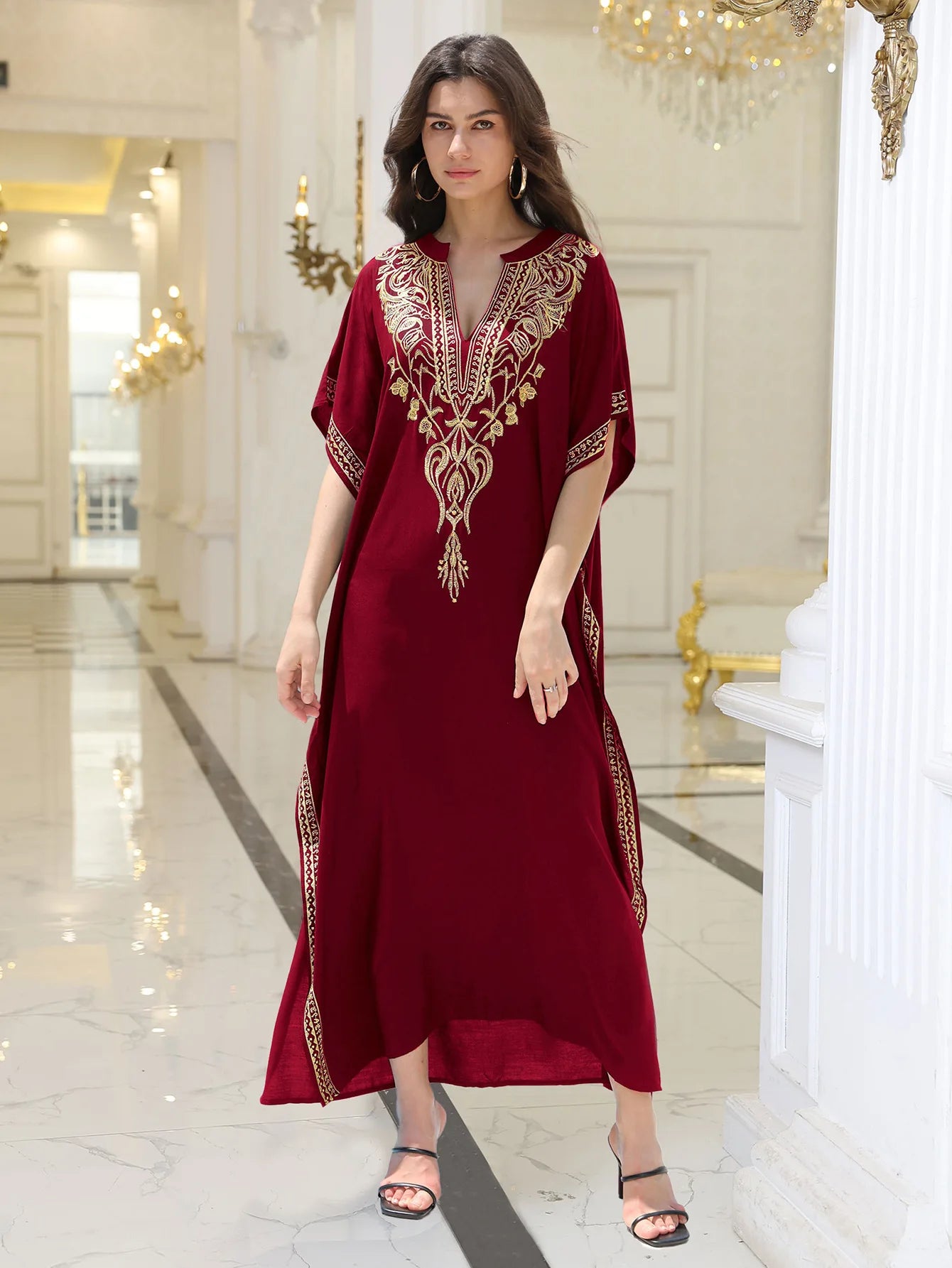 Boho Embroidered Batwing Sleeve Beach Cover-Up Dress – Loose A-Line V-Neck Summer Dress