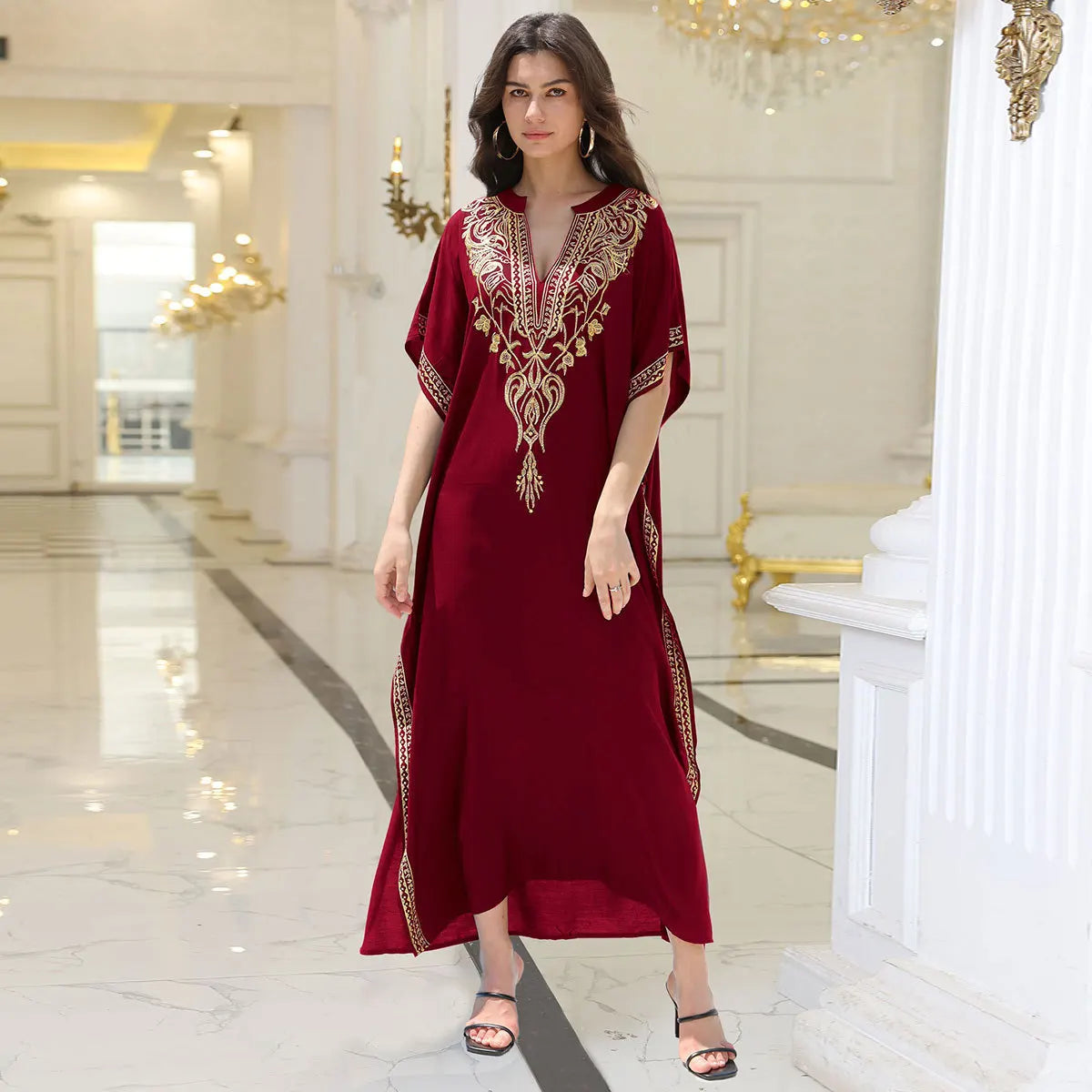 Boho Embroidered Batwing Sleeve Beach Cover-Up Dress – Loose A-Line V-Neck Summer Dress