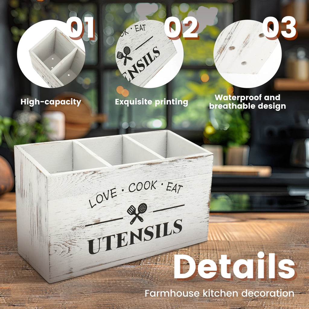 Wood Kitchen Utensil Holder | 3-Compartment Farmhouse Caddy Organizer