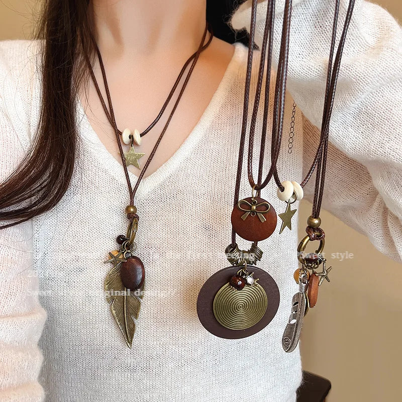 Vintage Boho Handmade Leaf Pendant Layered Long Necklace – Antique Collar Chain