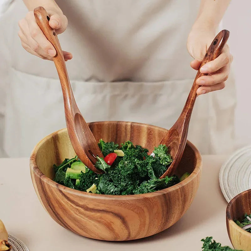 Solid Acacia Wood Bowl | Hand-Crafted Japanese-Style Wooden Salad & Serving Bowl