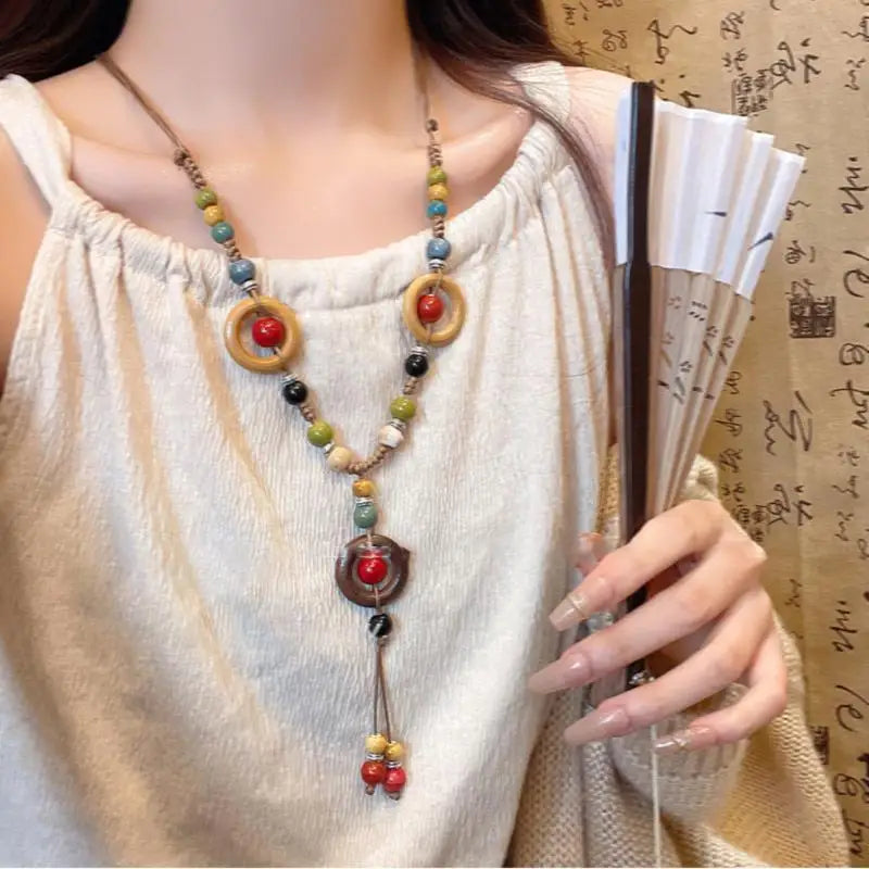 Boho Wooden Beaded Long Pendant Sweater Chain Necklace – Handmade Ethnic Style