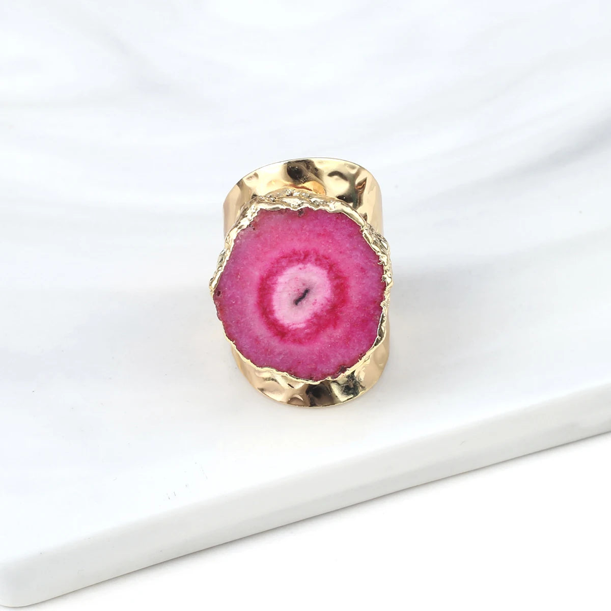 Boho Natural Agate Stone Sunflower Wide Open Ring – Gold Plated Adjustable in 6 Colors
