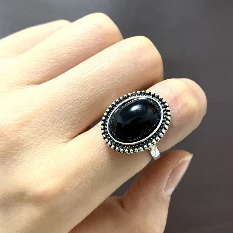 Boho Black Chalcedony Agate Cocktail Ring – Bold Round Stone Statement Ring