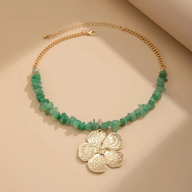 Boho Irregular Natural Stone & Metal Flower Clavicle Chain Necklace