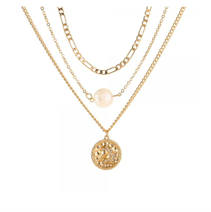Boho Vintage Multilayer Round Pendant Necklace – Gold-Tone Geometric Jewelry