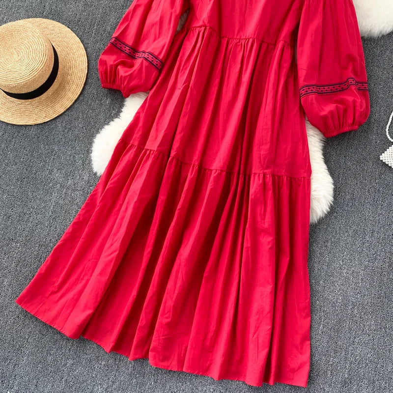 Embroidered Lantern Sleeve Boho Midi Dress | Lace-Up A-Line