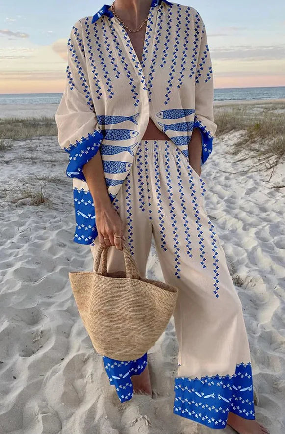 Boho Print Shirt & Pants Set | Loose Long Sleeve Button-Up Co-ord