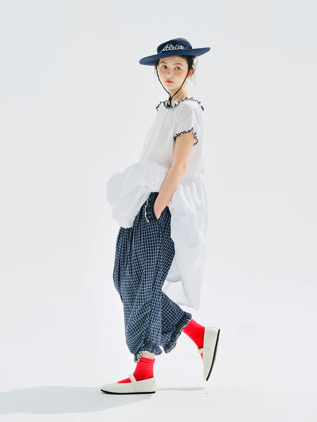 Women's Blue Plaid Wide Leg Pants – Casual Elastic Waist Trousers
