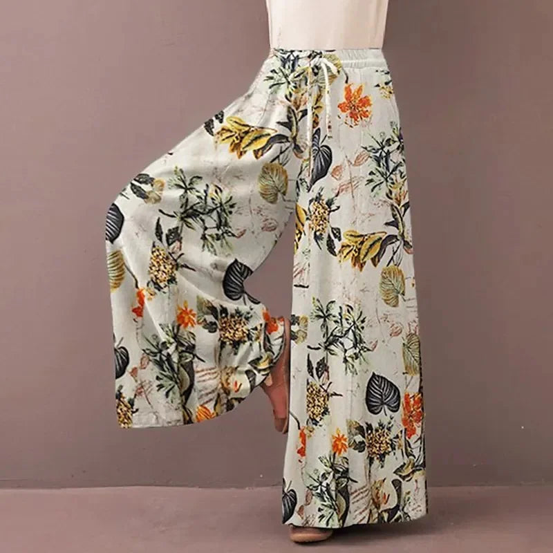 Boho Floral Wide Leg Pants Women Casual High Waist Drawstring Loose Palazzo Trousers Summer Beach Rayon Flowy Bottoms with Pocke