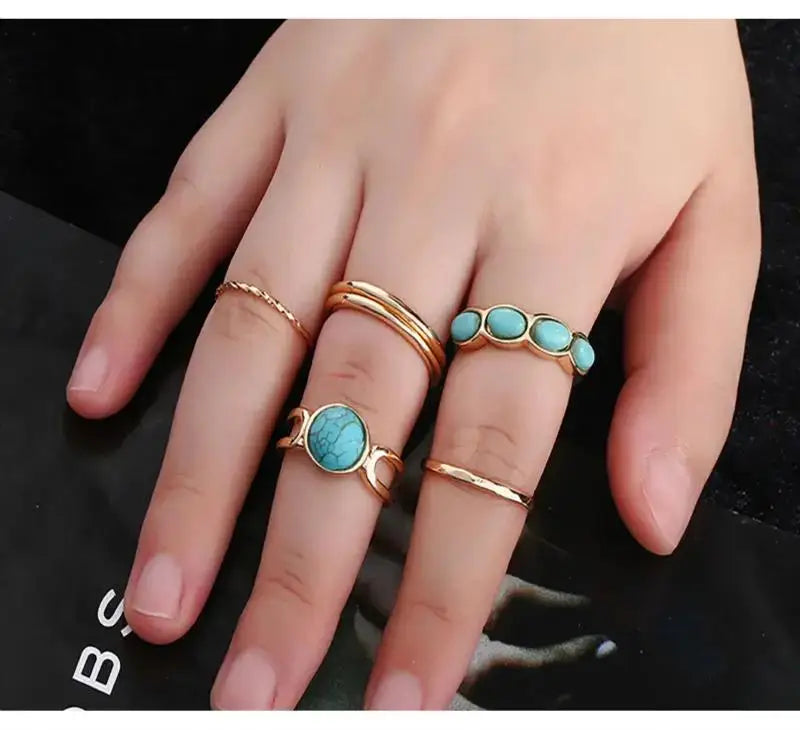 Boho 6-Piece Geometric Stone Resin Ring Set – Minimalist Retro Stackable Rings