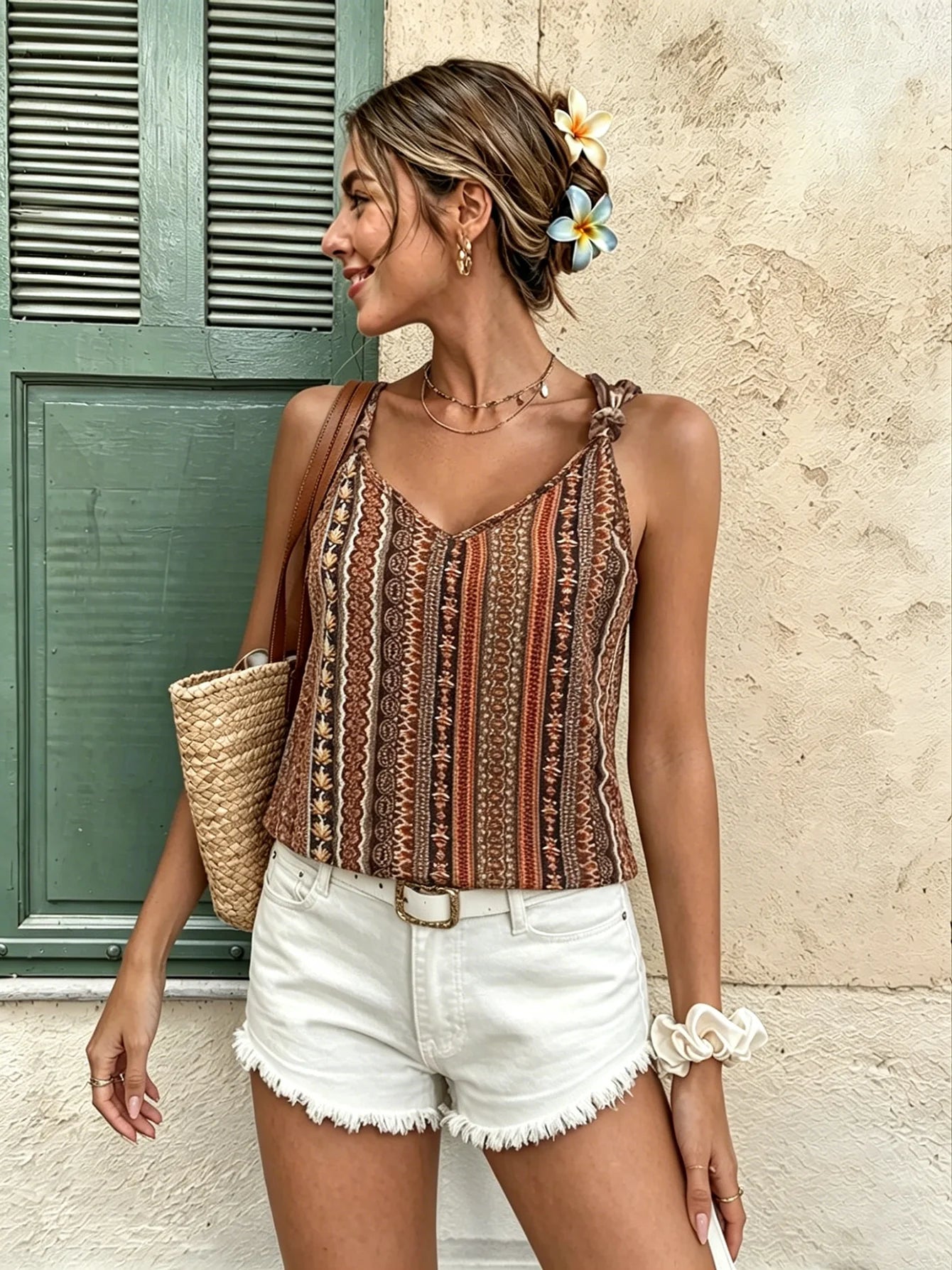 Boho Tribal Stripe Cami Top | V-Neck Knot Strap Sleeveless Tank