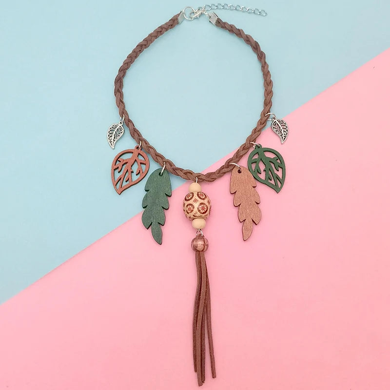 Boho Tassel & Leaf Pendant Choker Necklace – Ethnic Vintage Short Necklace