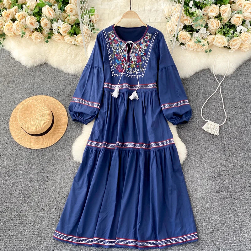 Embroidered Lantern Sleeve Boho Midi Dress | Lace-Up A-Line
