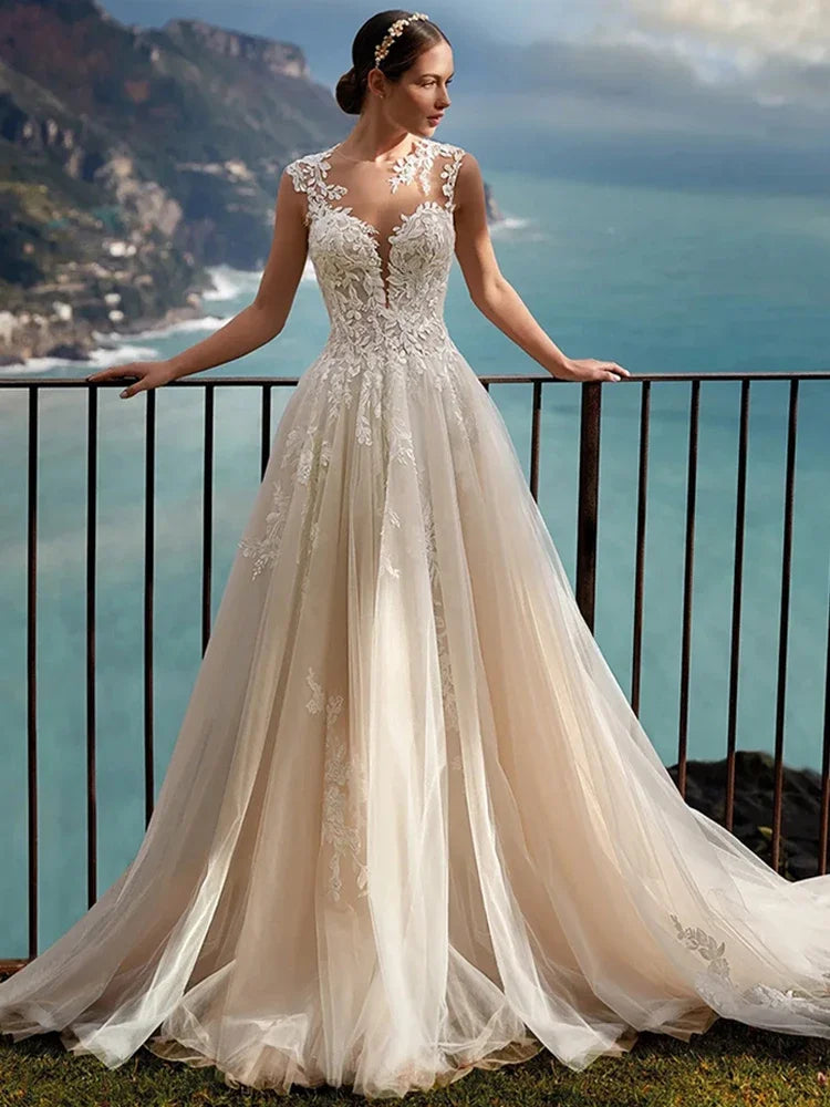 Boho A-Line Wedding Dress – Organza & Embroidery Lace, Sleeveless Bridal Gown