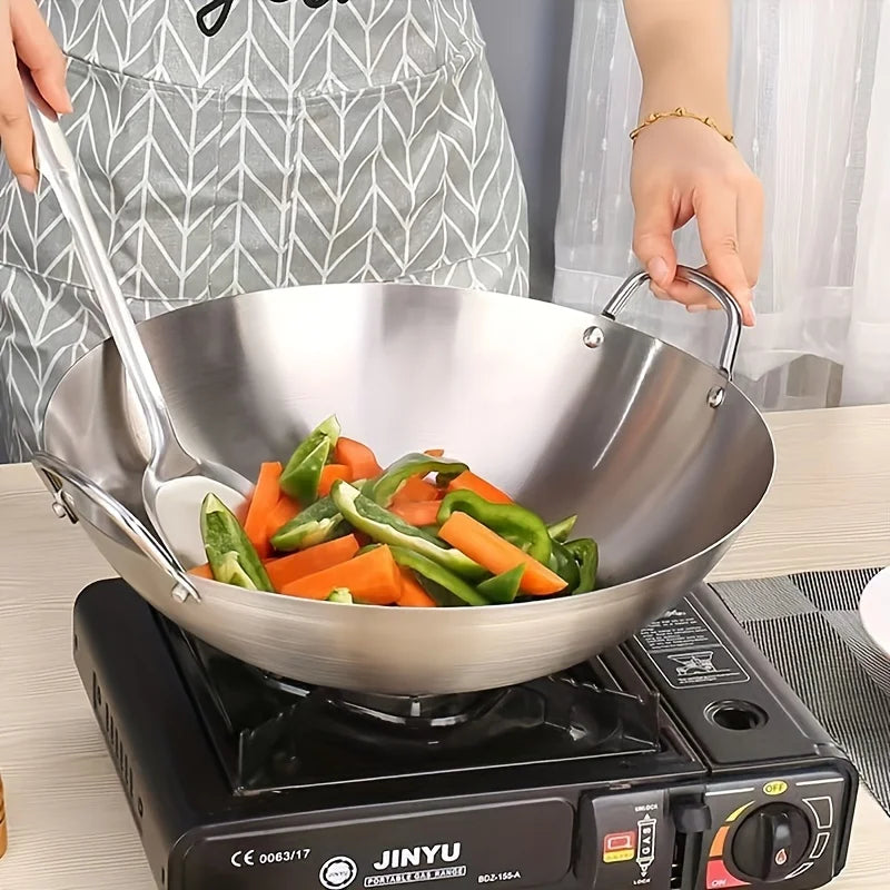Stainless Steel Dual Handle Wok | Uncoated Thick Chef's Pan with Lid