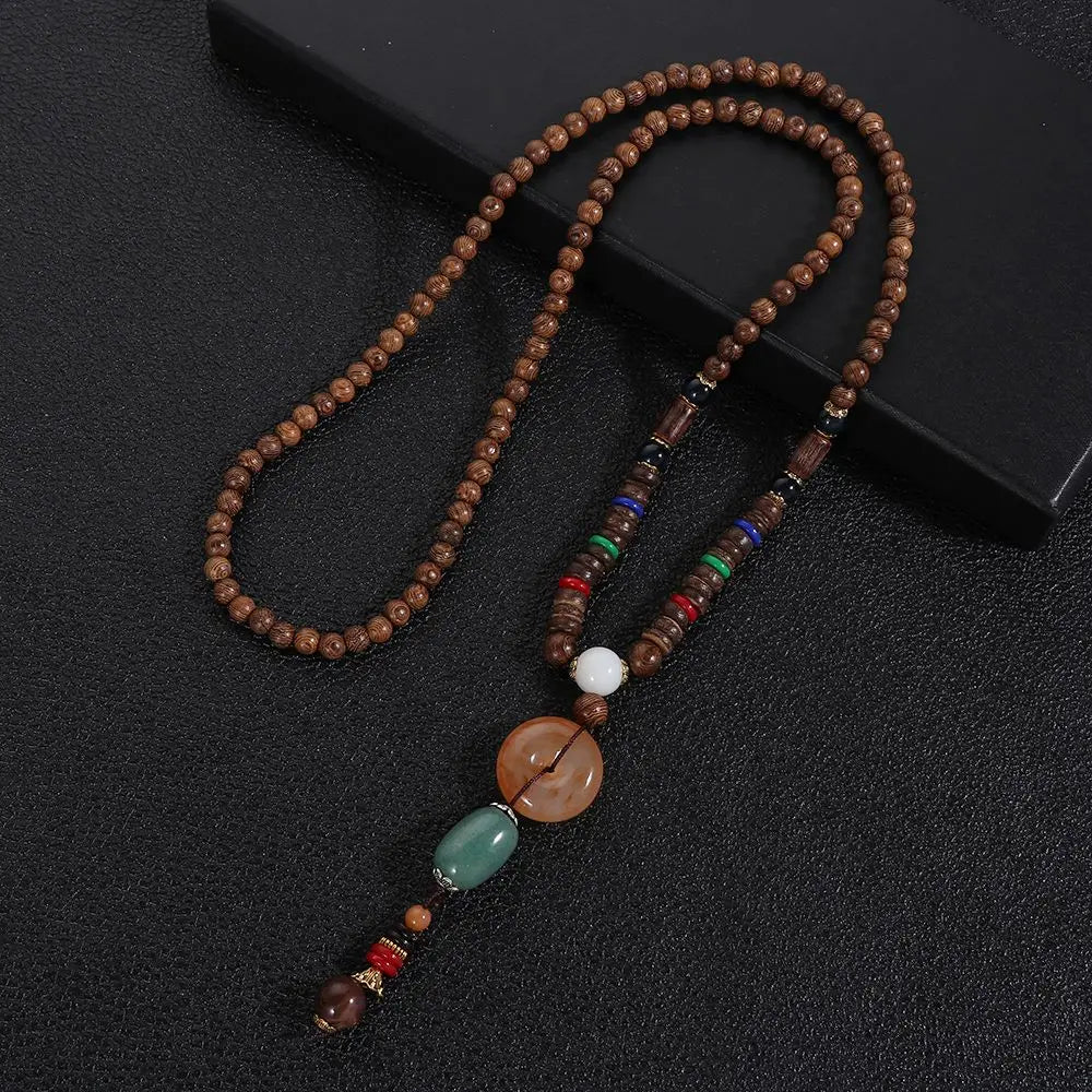 Boho Handmade Nepal Buddhist Mala Wood Bead Long Pendant Necklace – Unisex Ethnic Jewelry