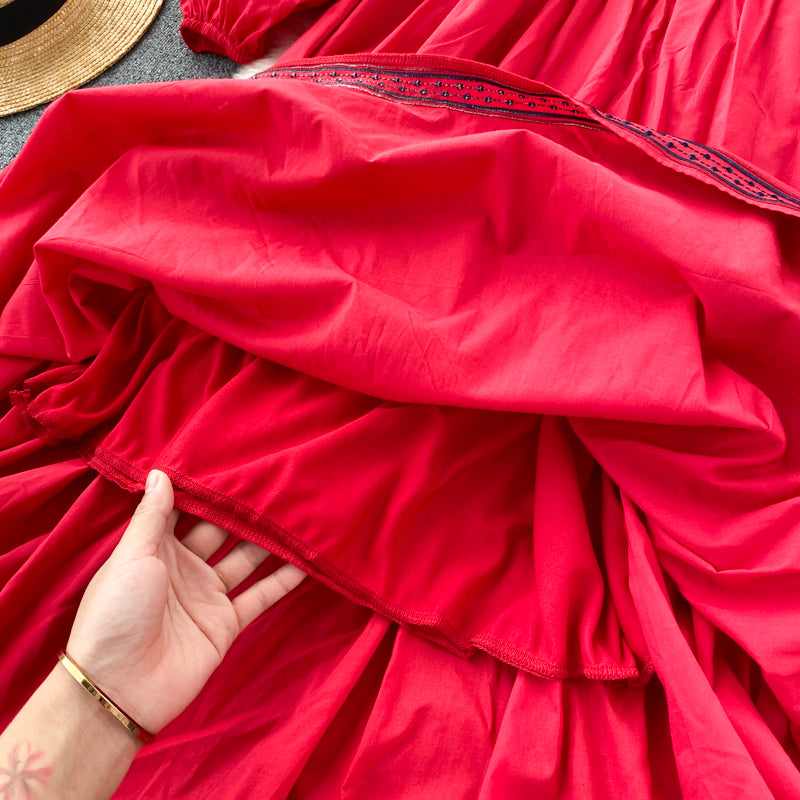 Embroidered Lantern Sleeve Boho Midi Dress | Lace-Up A-Line
