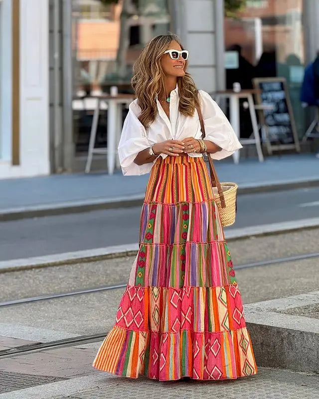 Boho Print A-Line Maxi Skirt | Elastic Waist Ruffle Hem Beach Skirt