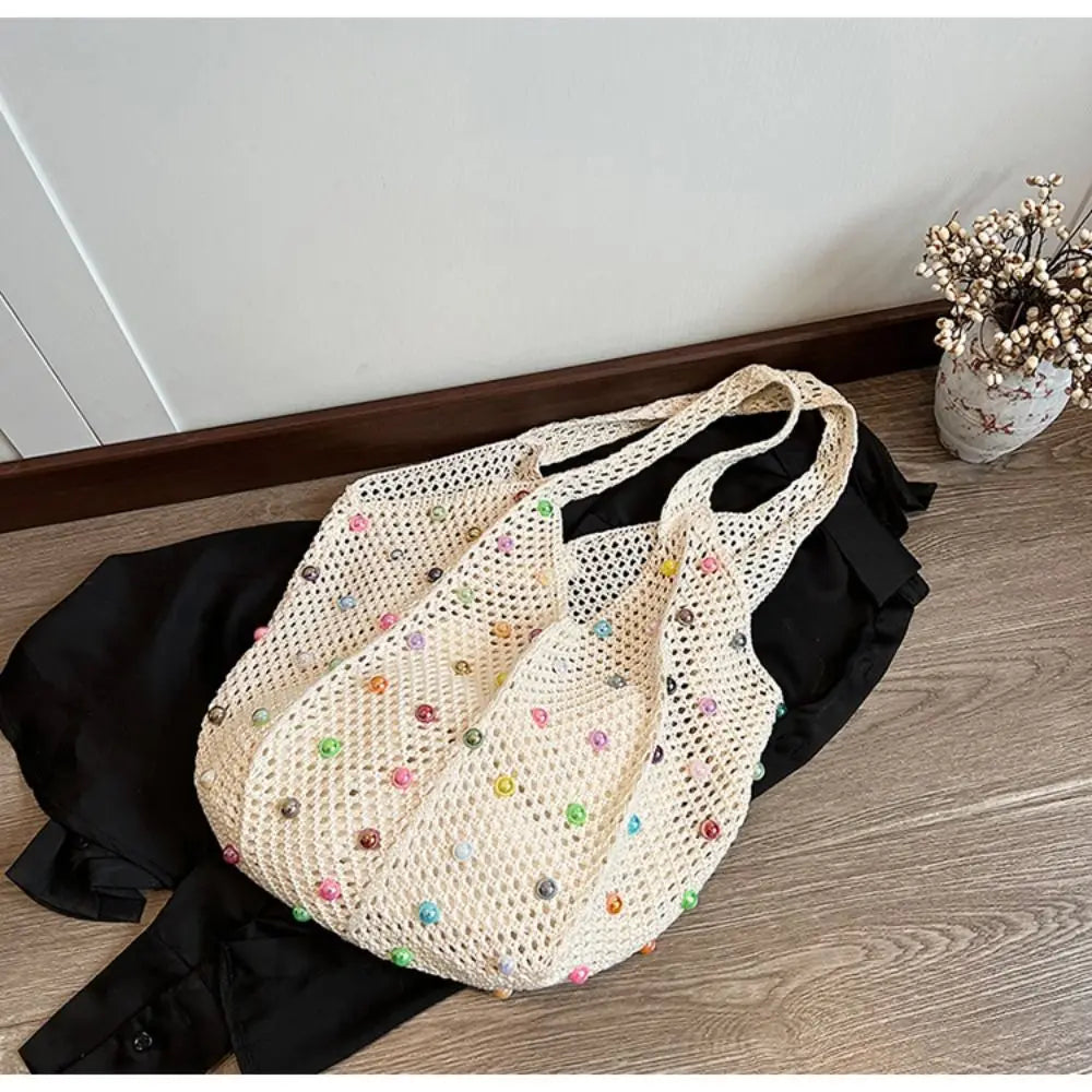 Boho Crochet Beach Tote Bag | Large Hollow Knit Bag with Colored Bead Detail