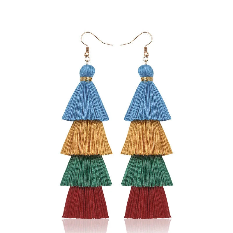 Boho 4-Layer Tassel Fringe Dangle Earrings – Ethnic Long Statement Drop Earrings