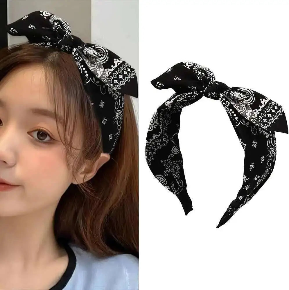 Boho Bow Print Wide Headband – Vintage Silk Cross-Knot Hair Hoop
