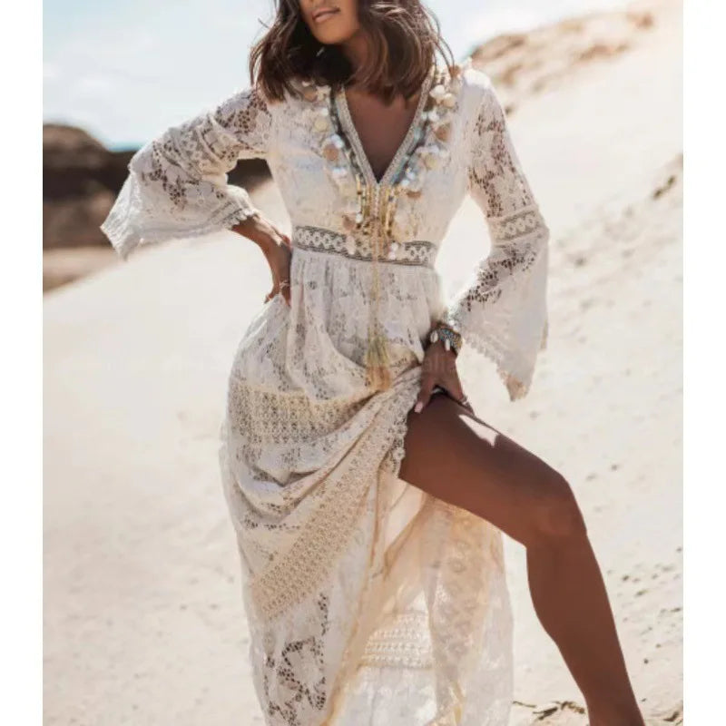 Lace Hollow-Out Boho Maxi Dress | Flare Sleeve Tassel Trim