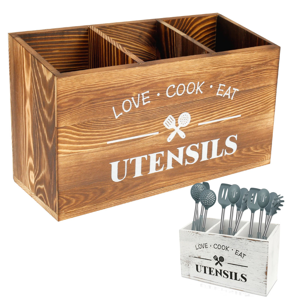 Wood Kitchen Utensil Holder | 3-Compartment Farmhouse Caddy Organizer