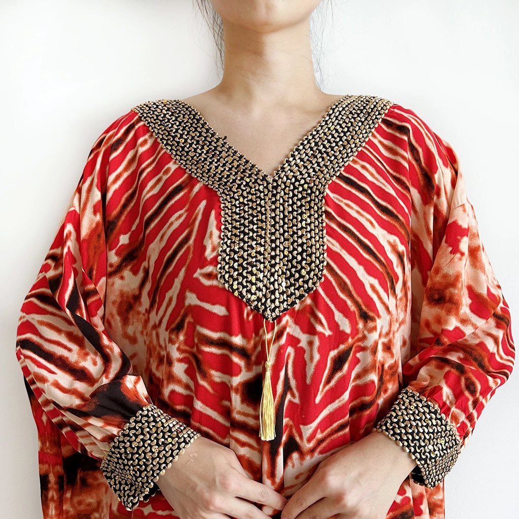 Embroidered Cotton Abaya Maxi Dress | Boho Long Sleeve V-Neck