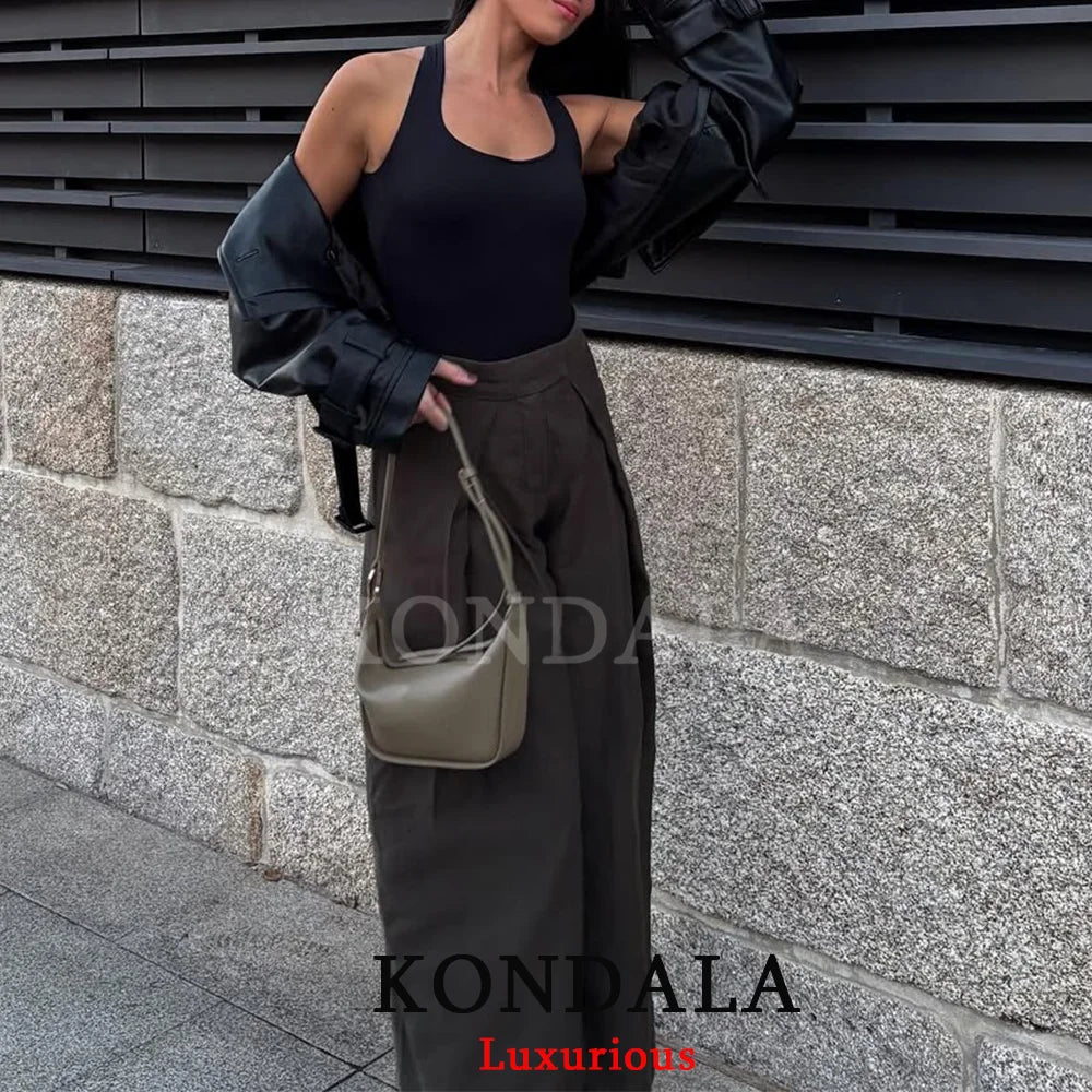 High-Waist Wide Leg Pants with Pockets & Pleats – Loose Ankle-Length Trousers for Women