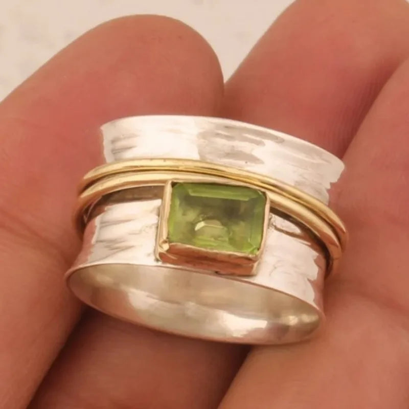Boho Two-Tone Rectangular Green Cubic Zirconia Ring – Luxury Elegant Statement Ring