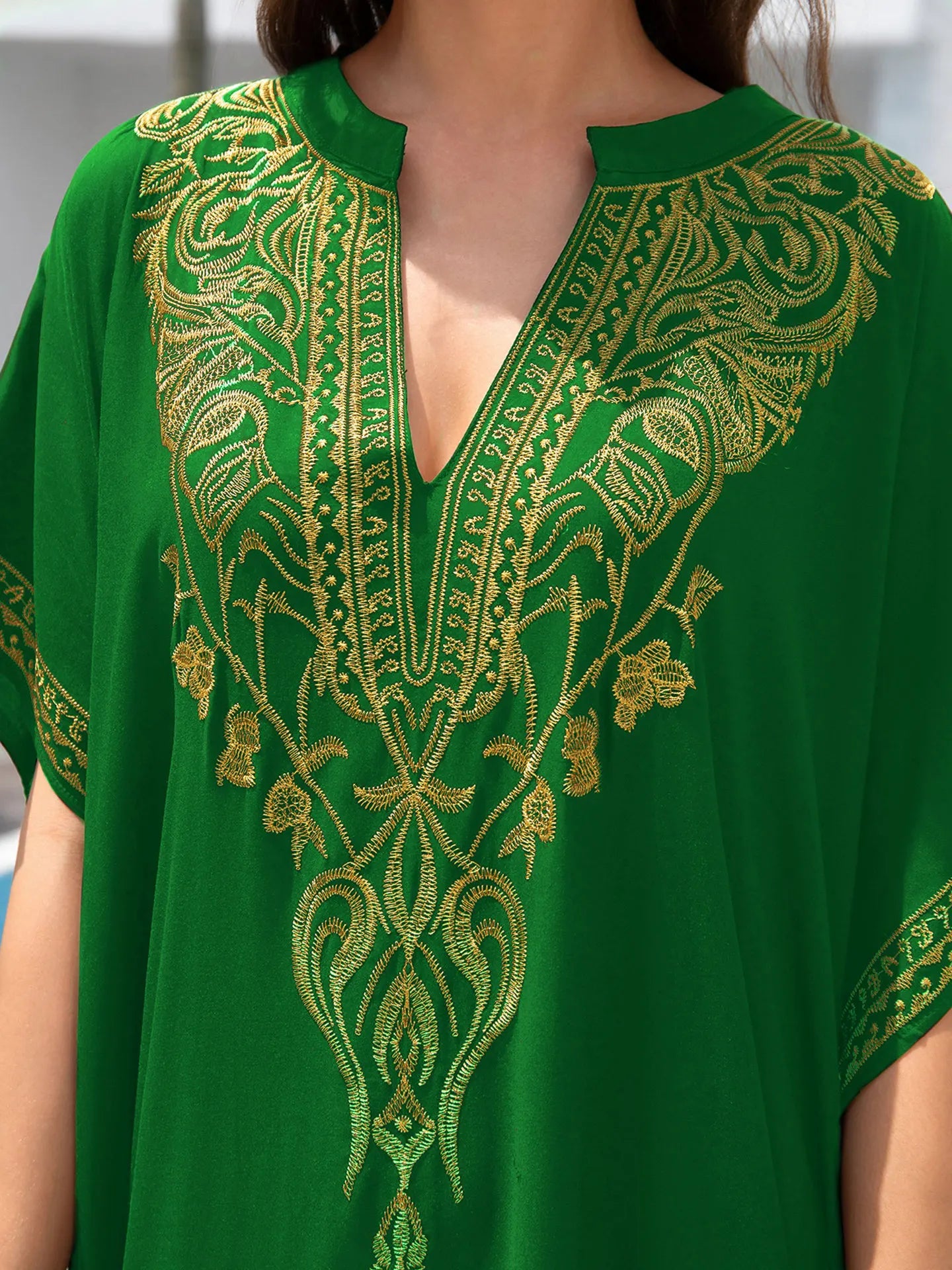 Boho Embroidered Batwing Sleeve Beach Cover-Up Dress – Loose A-Line V-Neck Summer Dress