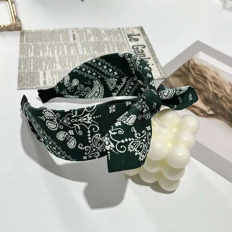 Boho Bow Print Wide Headband – Vintage Silk Cross-Knot Hair Hoop