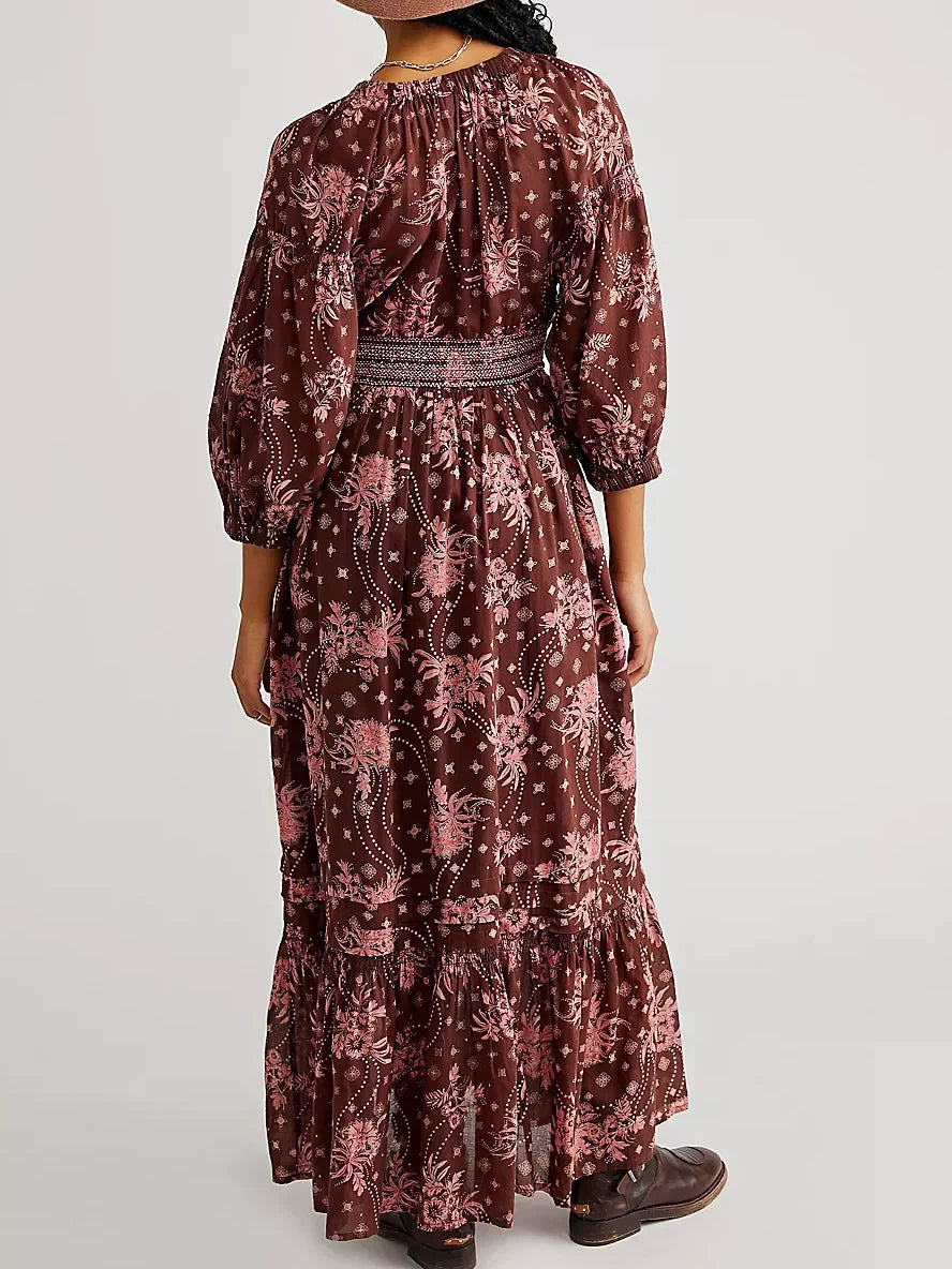 Floral Boho Midi Dress | V-Neck Puff Sleeve Hollow-Out