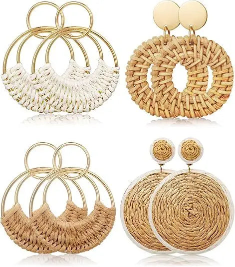 Boho Rattan Wicker Hoop Earrings – Straw Round Dangle Drop Earrings for Women