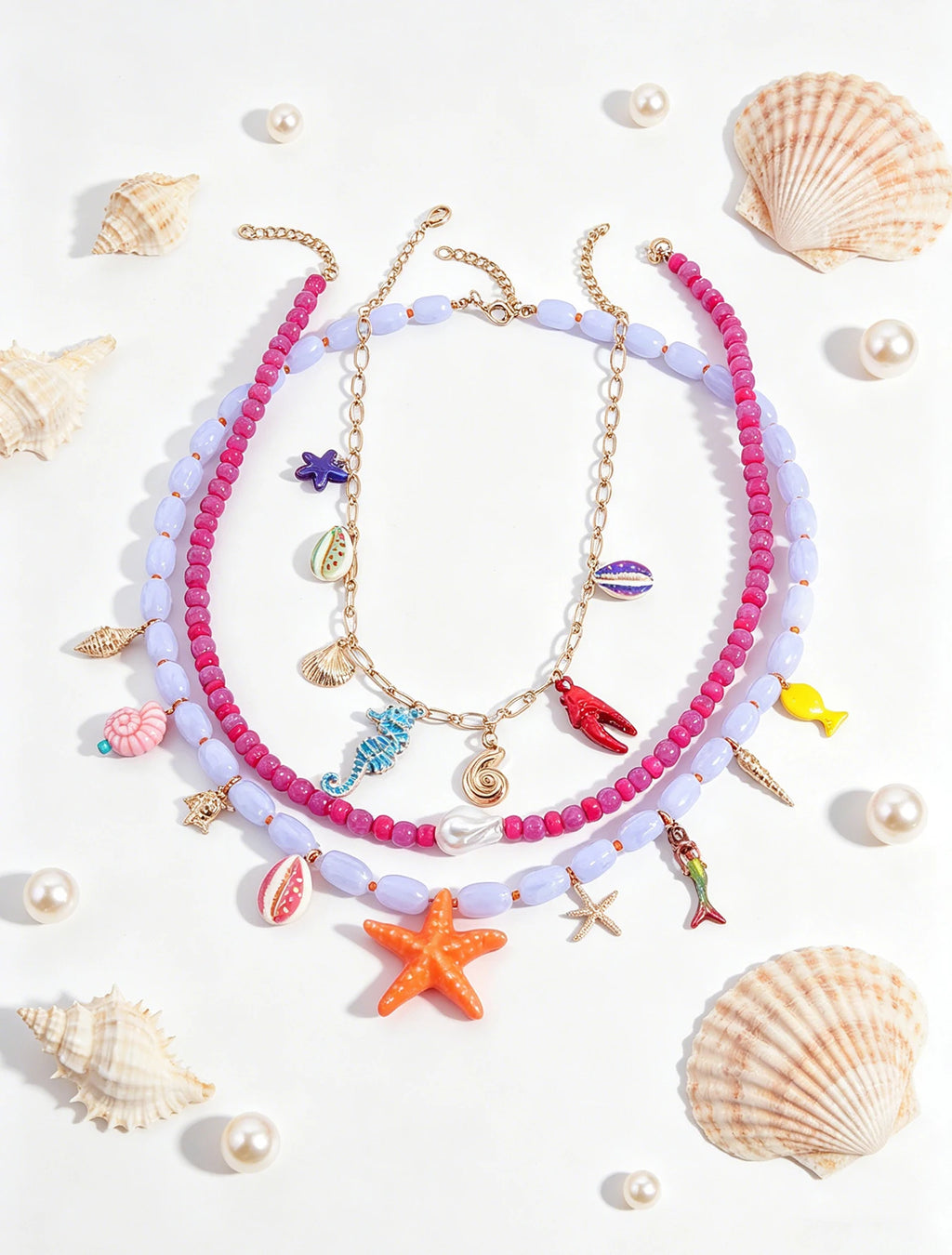 Boho Multilayer Ocean Charm Beaded Statement Necklace – Colorful Sea Animal Design