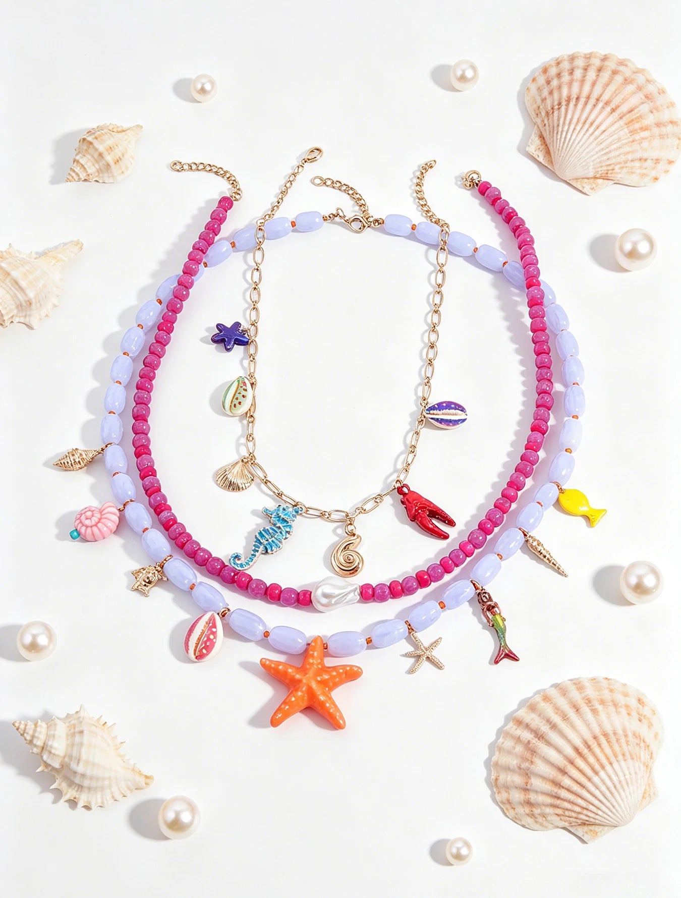 Boho Multilayer Ocean Charm Beaded Statement Necklace – Colorful Sea Animal Design