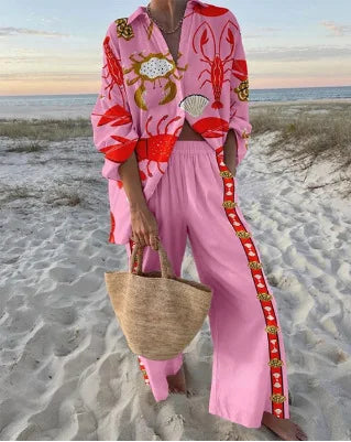 Boho Print Shirt & Pants Set | Loose Long Sleeve Button-Up Co-ord