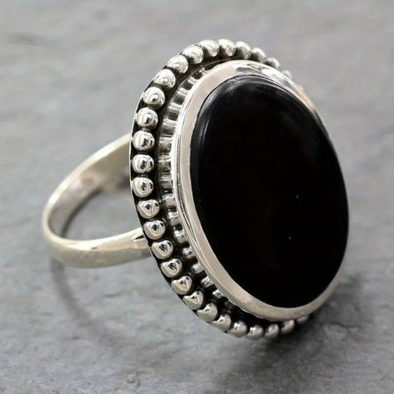 Boho Black Chalcedony Agate Cocktail Ring – Bold Round Stone Statement Ring