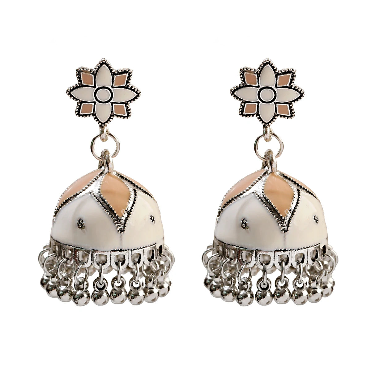 Boho Ethnic Flower Enamel & Bell Tassel Drop Earrings – Vintage Gold Crystal Bead