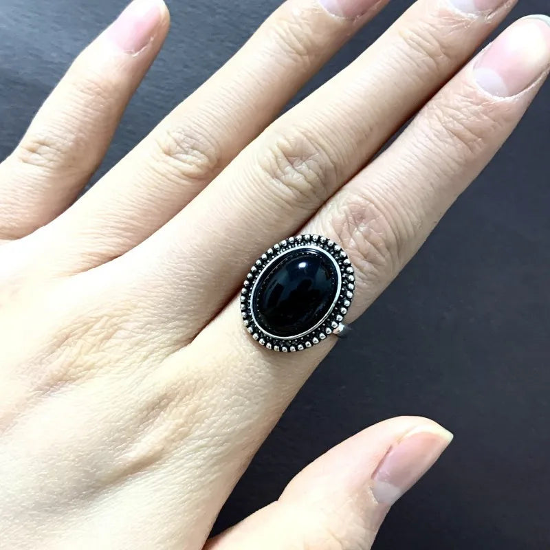 Boho Black Chalcedony Agate Cocktail Ring – Bold Round Stone Statement Ring