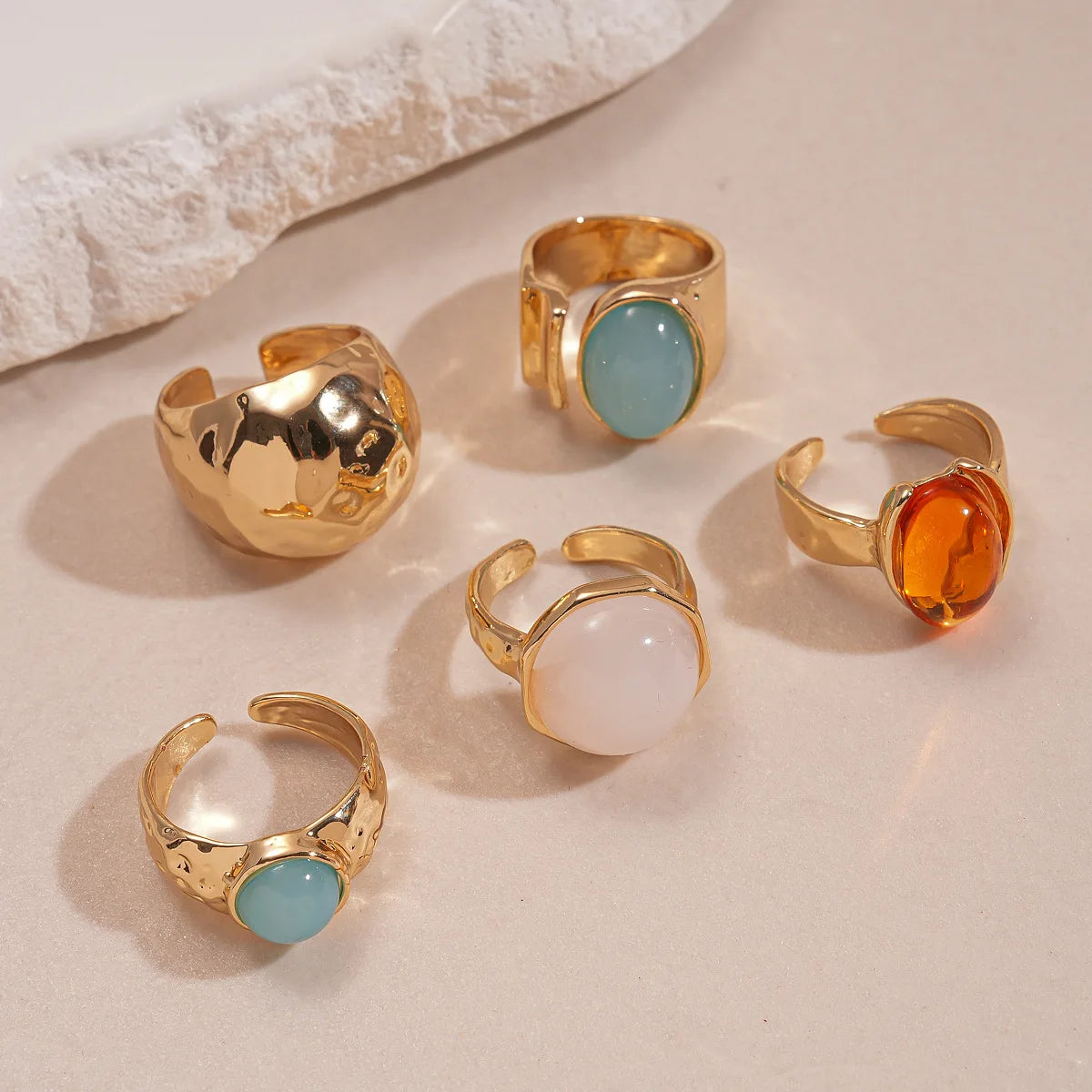 Boho 5-Piece Resin Geometric Stackable Ring Set – Retro Irregular Wide Knuckle Rings