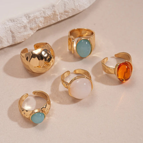 Boho 5-Piece Resin Geometric Stackable Ring Set – Retro Irregular Wide Knuckle Rings