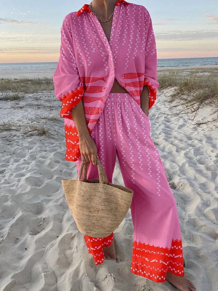 Boho Print Shirt & Pants Set | Loose Long Sleeve Button-Up Co-ord