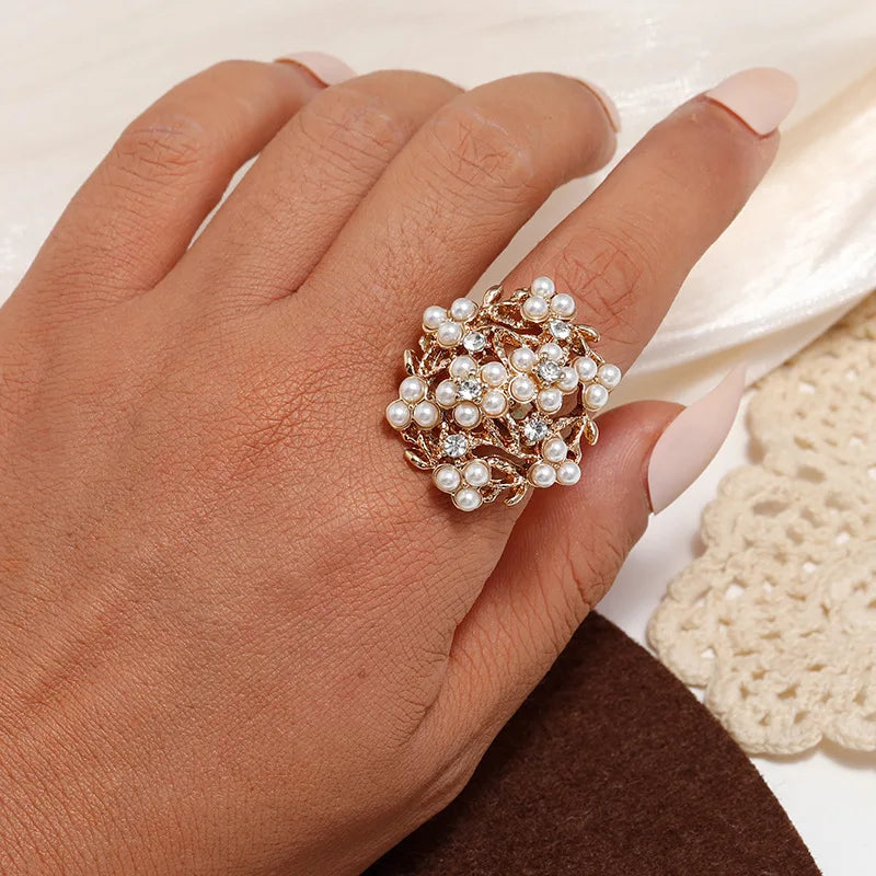 Boho Vintage Big Flower Ring – Micro Zircon Inlay Gold-Tone Statement Ring